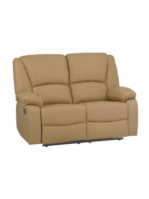 Vista diagonale di un divano 2 posti imbottito con funzione relax reclinabile e poggiapiedi in tessuto beige Calipso Totò Piccinni