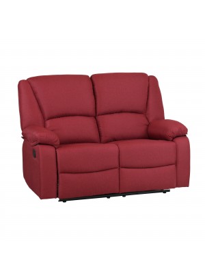 Vista diagonale di un divano 2 posti imbottito con funzione relax reclinabile e poggiapiedi in tessuto rosso bordeaux Calipso Totò Piccinni