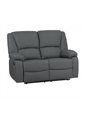 Vista diagonale di un divano 2 posti imbottito con funzione relax reclinabile e poggiapiedi in tessuto grigio chiaro Calipso Totò Piccinni