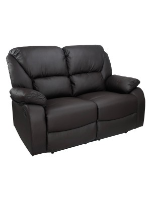 Vista di un robusto divano 2 posti imbottito relax con schienale e poggiapiedi reclinabili in ecopelle marrone Calipso Totò Piccinni