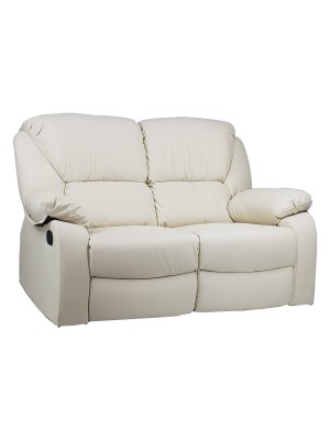 Vista diagonale di un divano 2 posti imbottito con funzione relax reclinabile e poggiapiedi in ecopelle panna Calipso Totò Piccinni