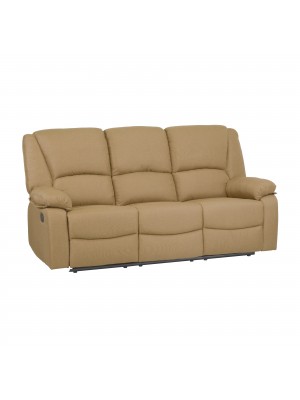Vista diagonale di un divano 3 posti imbottito con funzione relax reclinabile e poggiapiedi in tessuto beige Calipso Totò Piccinni