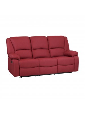 Vista diagonale di un divano 3 posti imbottito con funzione relax reclinabile e poggiapiedi in tessuto rosso bordeaux Calipso Totò Piccinni