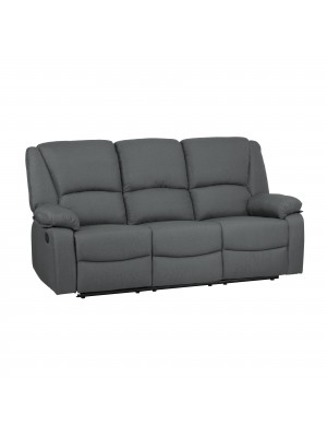 Vista diagonale di un divano 3 posti imbottito con funzione relax reclinabile e poggiapiedi in tessuto grigio chiaro Calipso Totò Piccinni