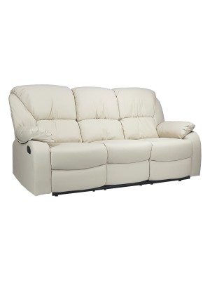 Vista diagonale di un divano 3 posti imbottito con funzione relax reclinabile e poggiapiedi in ecopelle panna Calipso Totò Piccinni