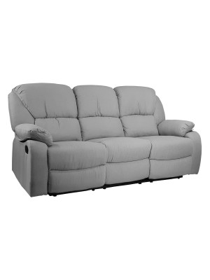 Vista diagonale di un divano 3 posti imbottito con funzione relax reclinabile e poggiapiedi in tessuto grigio chiaro Calipso Totò Piccinni