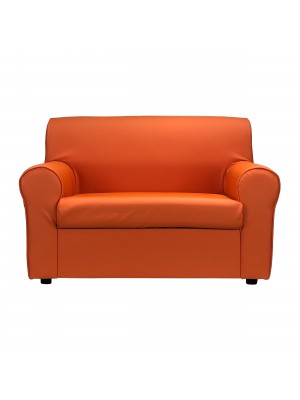 Fronte di un divano 2 posti imbottito con braccioli artigianale in ecopelle arancione Totò Piccinni