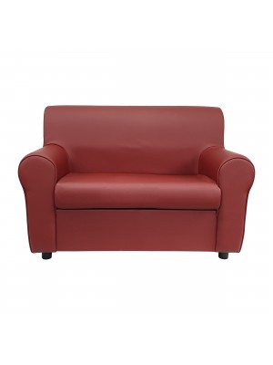 Fronte di un divano 2 posti imbottito con braccioli artigianale in ecopelle Bordeaux Totò Piccinni