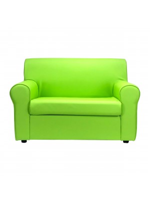 Fronte di un divano 2 posti imbottito con braccioli artigianale in ecopelle Verde Mele Totò Piccinni