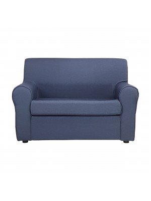 Fronte di un divano 2 posti imbottito con braccioli artigianale in tessuto blu Totò Piccinni