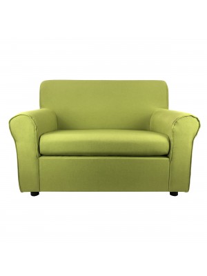 Fronte di un divano 2 posti imbottito con braccioli artigianale in tessuto Verde Mela Totò Piccinni