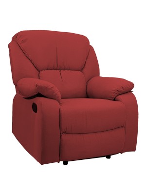 Vista di una robusta poltrona imbottita relax con schienale e poggiapiedi reclinabili in tessuto rosso bordeaux Calipso Totò Piccinni