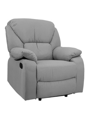 Vista di una robusta poltrona imbottita relax con schienale e poggiapiedi reclinabili in tessuto grigio chiaro Calipso Totò Piccinni