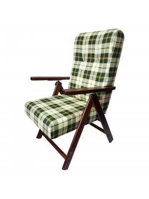 Sedia a sdraio reclinabile in legno abete faggio e resistente cuscino imbottito 100% cotone facilmente ripiegabile verde scacchi Totò Piccinni