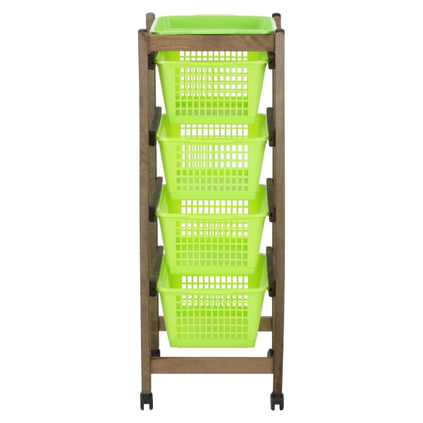 Carrello JOLLY salvaspazio in legno per cucina portafrutta con 4 cestelli e  rotelle (Noce Verde Chiaro)